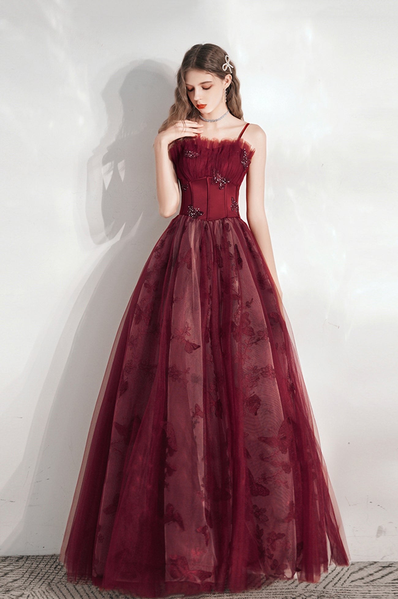 Burgundy Spaghetti Strap Tulle Long Prom Dress, Lovely A-Line Prom Dress