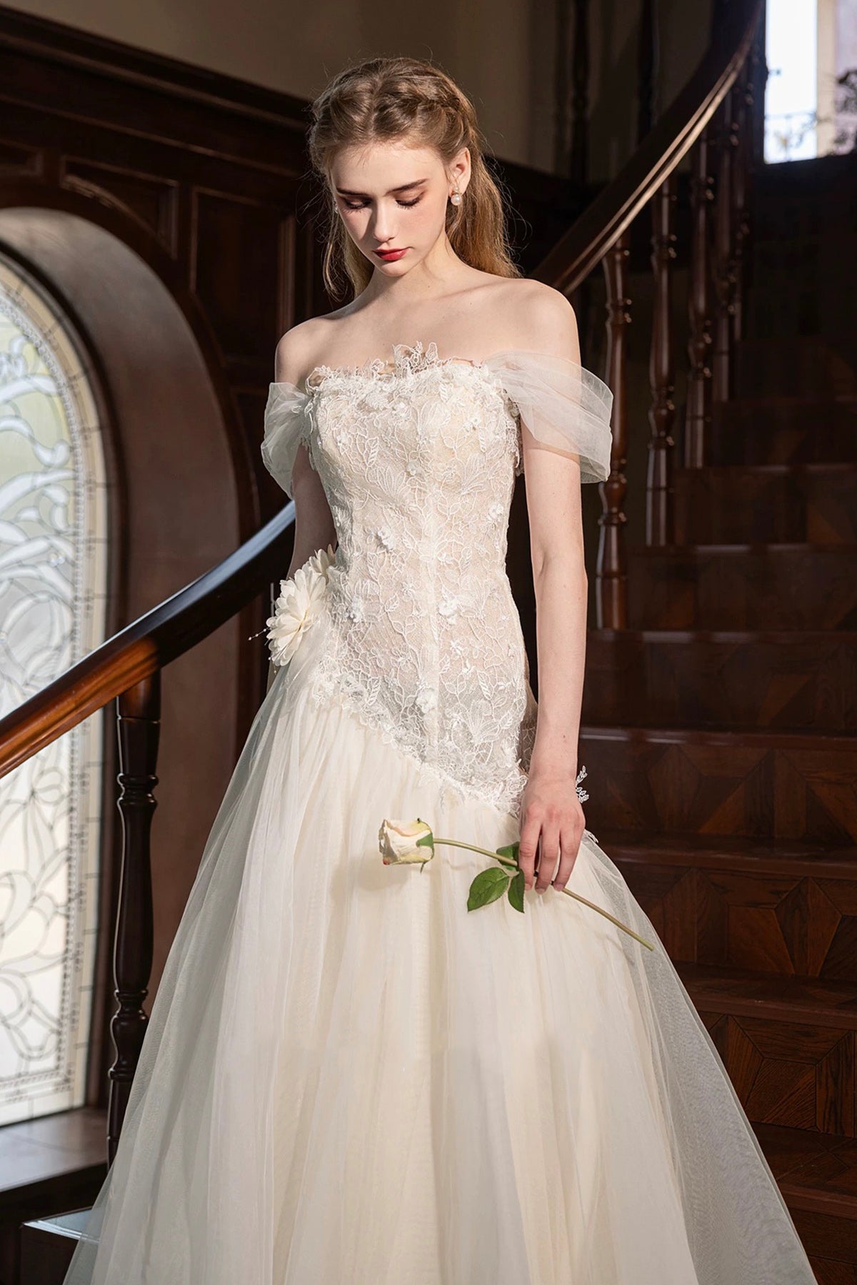 Champagne Tulle Lace Long Prom Dress, Beautiful Off the Shoulder Party Dress