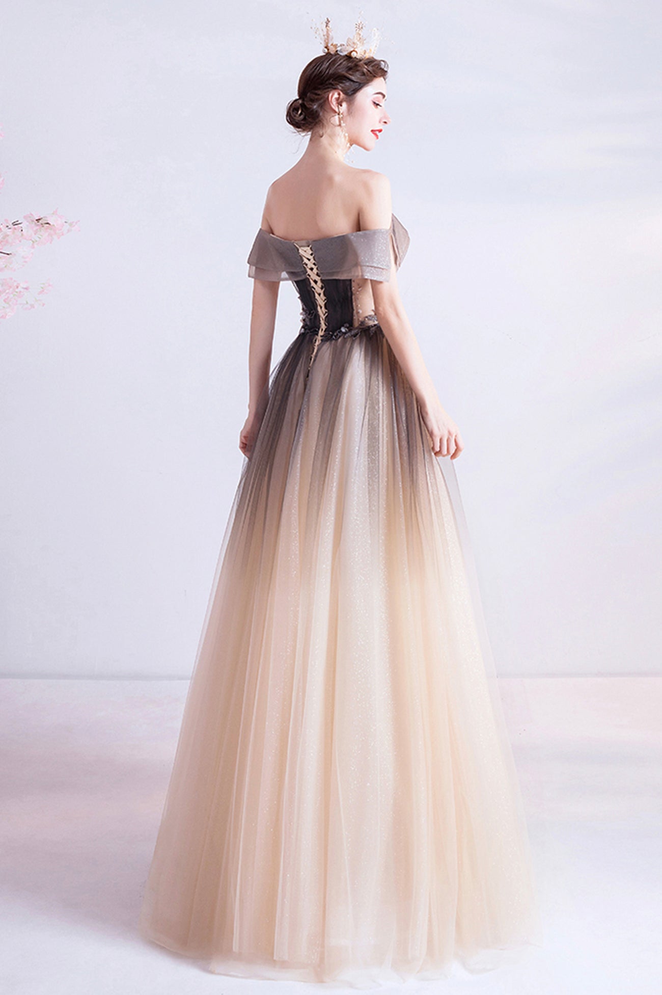 A-Line Gradient Tulle Long Prom Dress, Off the Shoulder Evening Dress