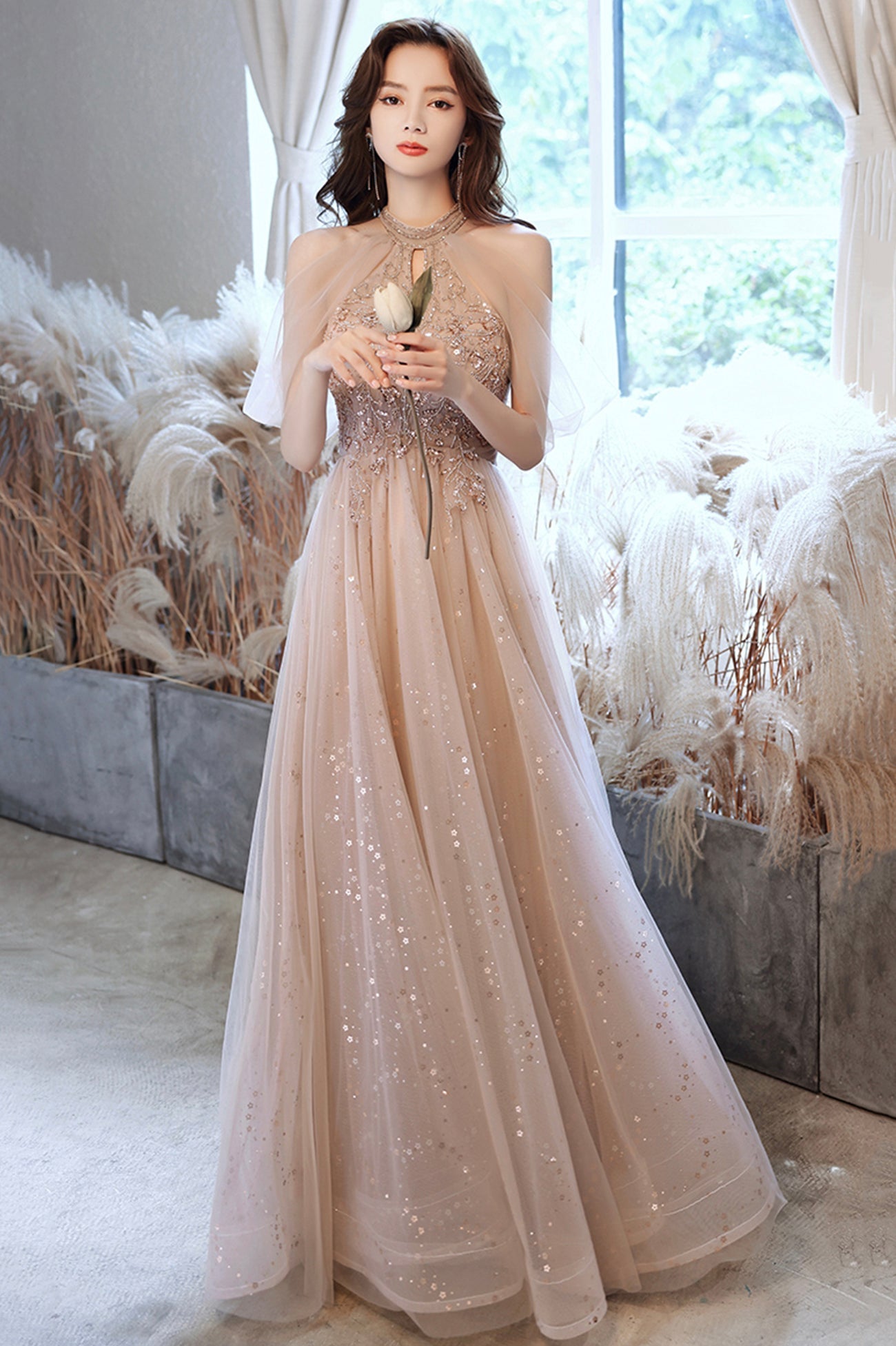 A-Line Tulle Long Prom Dress with Beaded, Off the Shoulder Evening Party Dress