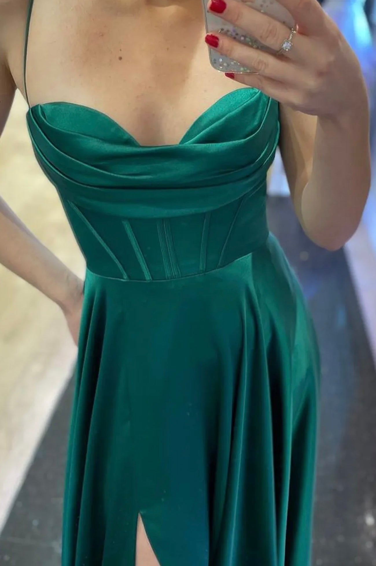 Green Satin Long A-Line Prom Dress, Simple Evening Dress with Slit