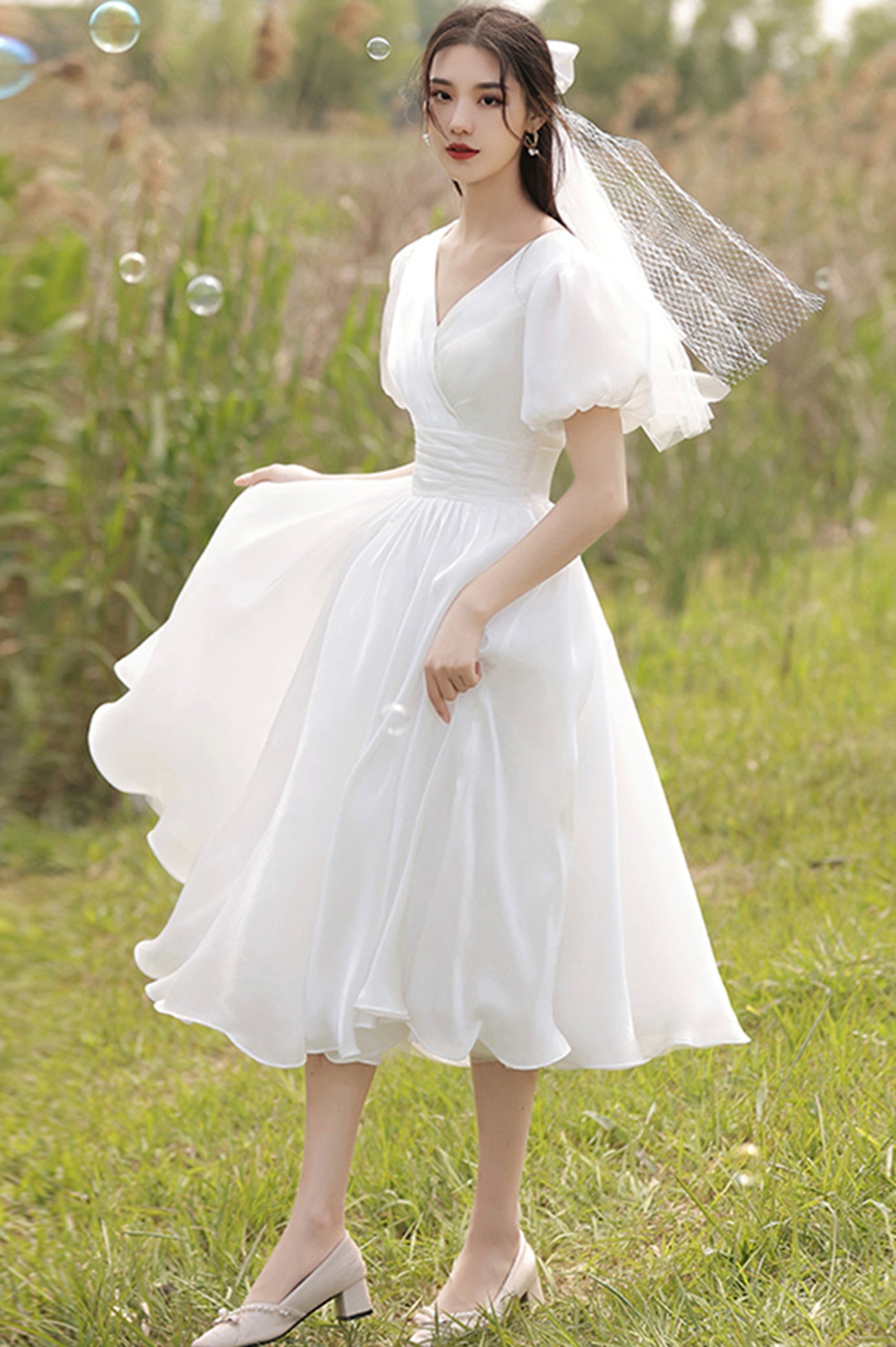 White V-Neck Tulle Short Prom Dress, Cute A-Line Evening Party Dress