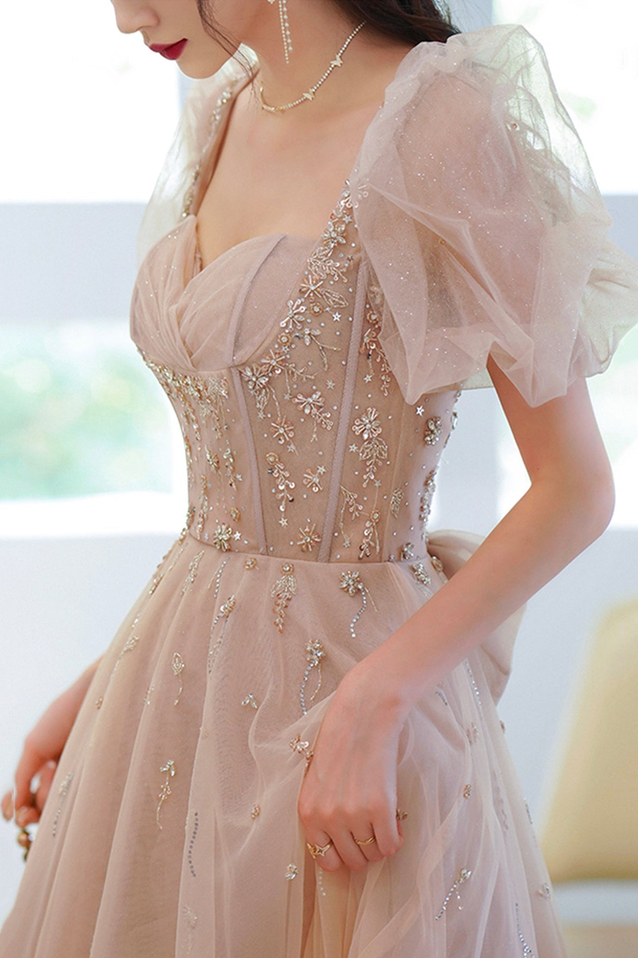 Cute Tulle Beaded Long Prom Dress, A-Line Short Sleeve Evening Dress with Bow