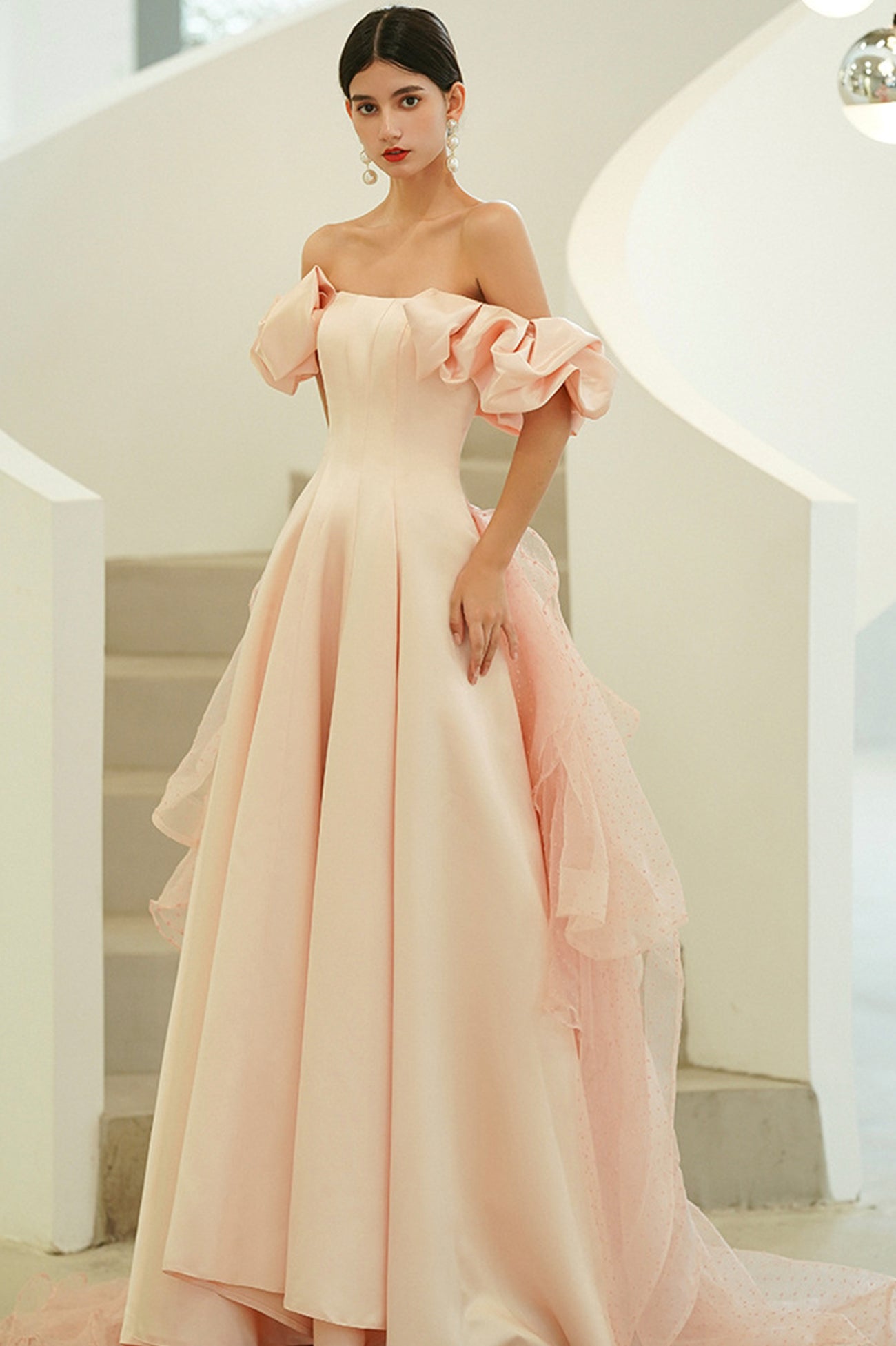 Pink Satin Long A-Line Prom Dress, Pink Strapless Evening Party Dress