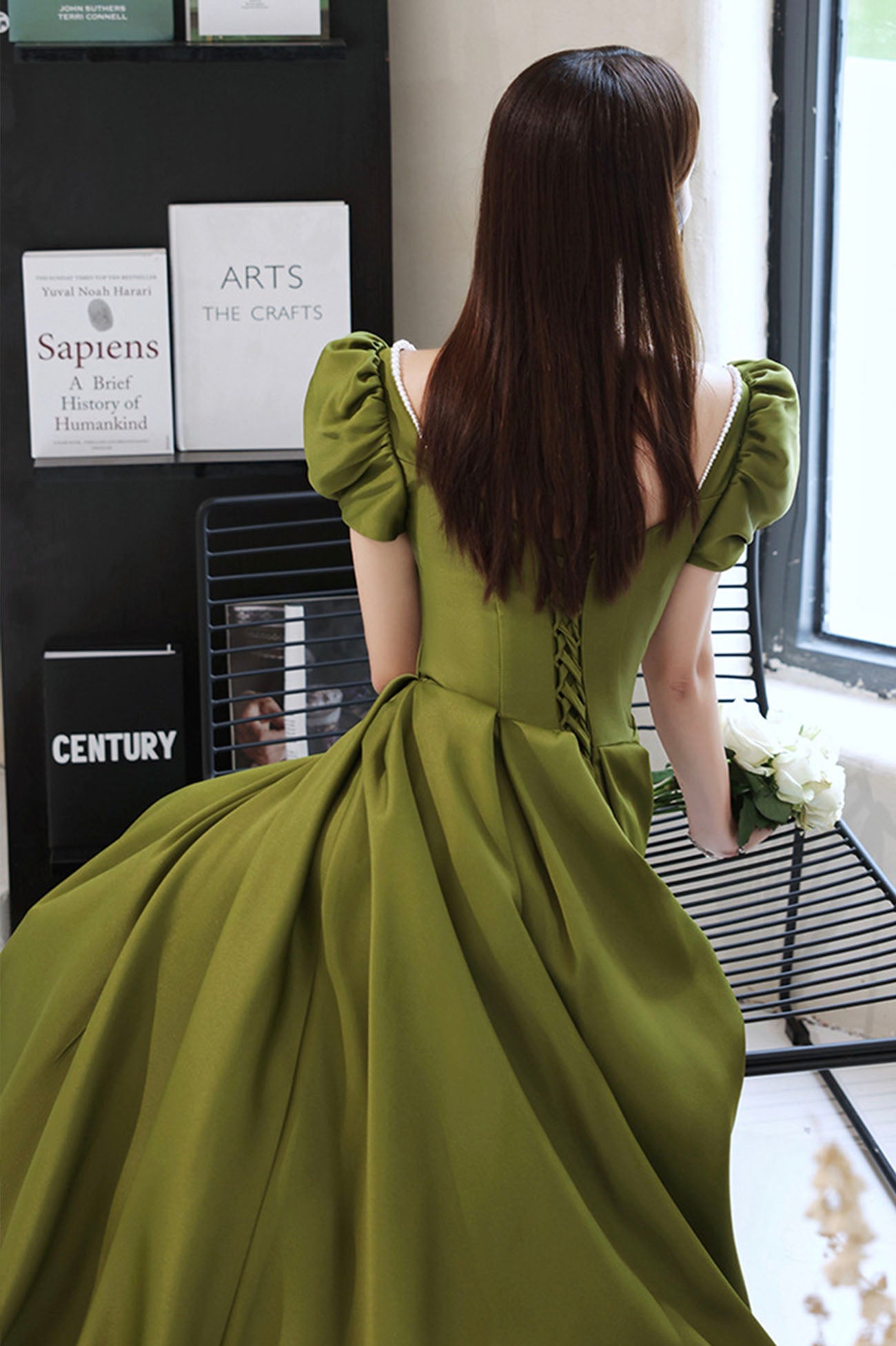 Green Satin Long A-Line Prom Dress, Short Sleeve Evening Party Dress