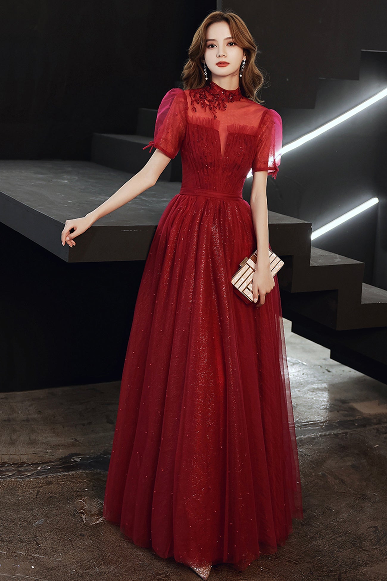 Burgundy Tulle Long A-Line Prom Dress, Burgundy Lace Evening Dress