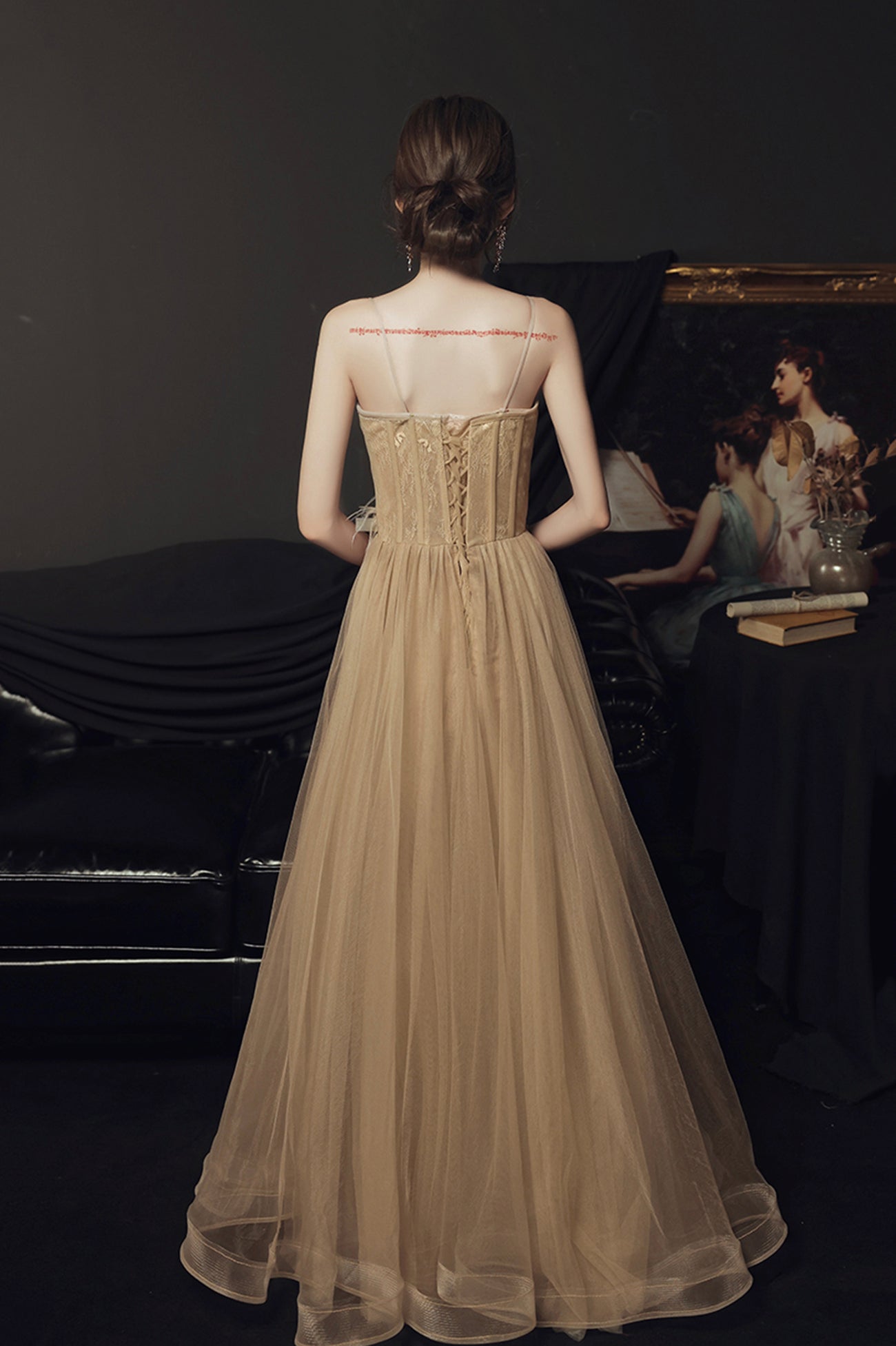 Stylish Tulle Long A-Line Prom Dress, Champagne Strapless Evening Party Dress