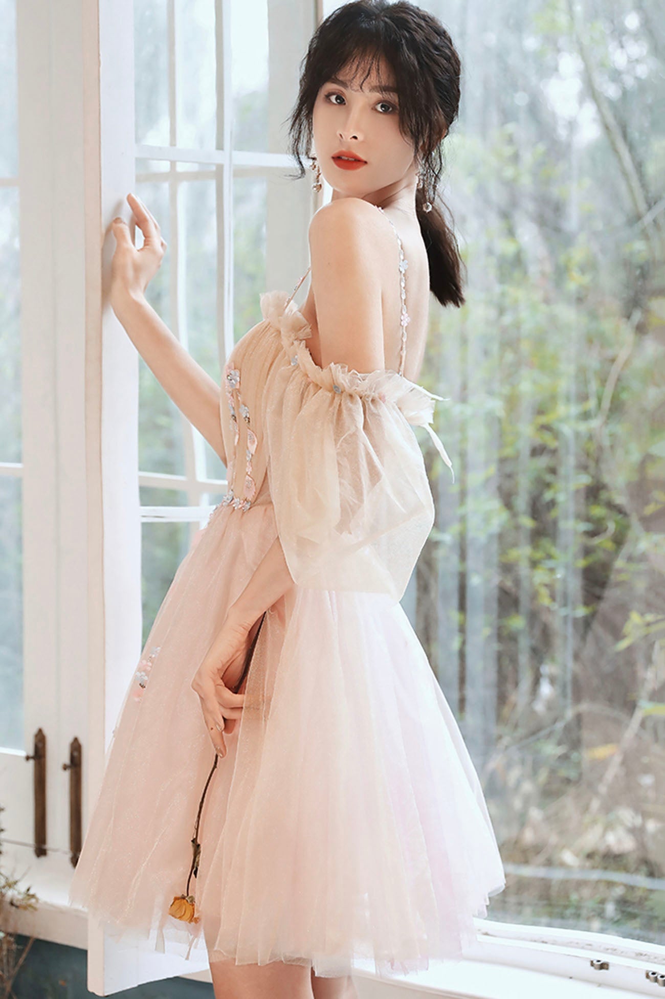 Pink Tulle Short A-Line Prom Dress, Lovely Spaghetti Straps Homecoming Party Dress