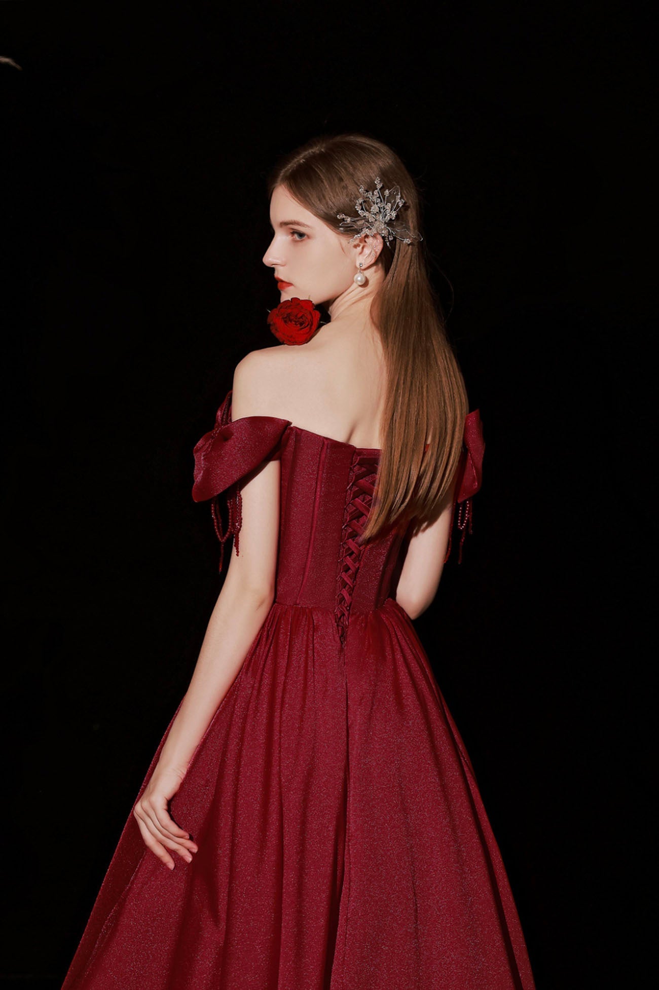 Burgundy Satin Long A-Line Prom Dress, Cute Off the Shoulder Graduation Dress