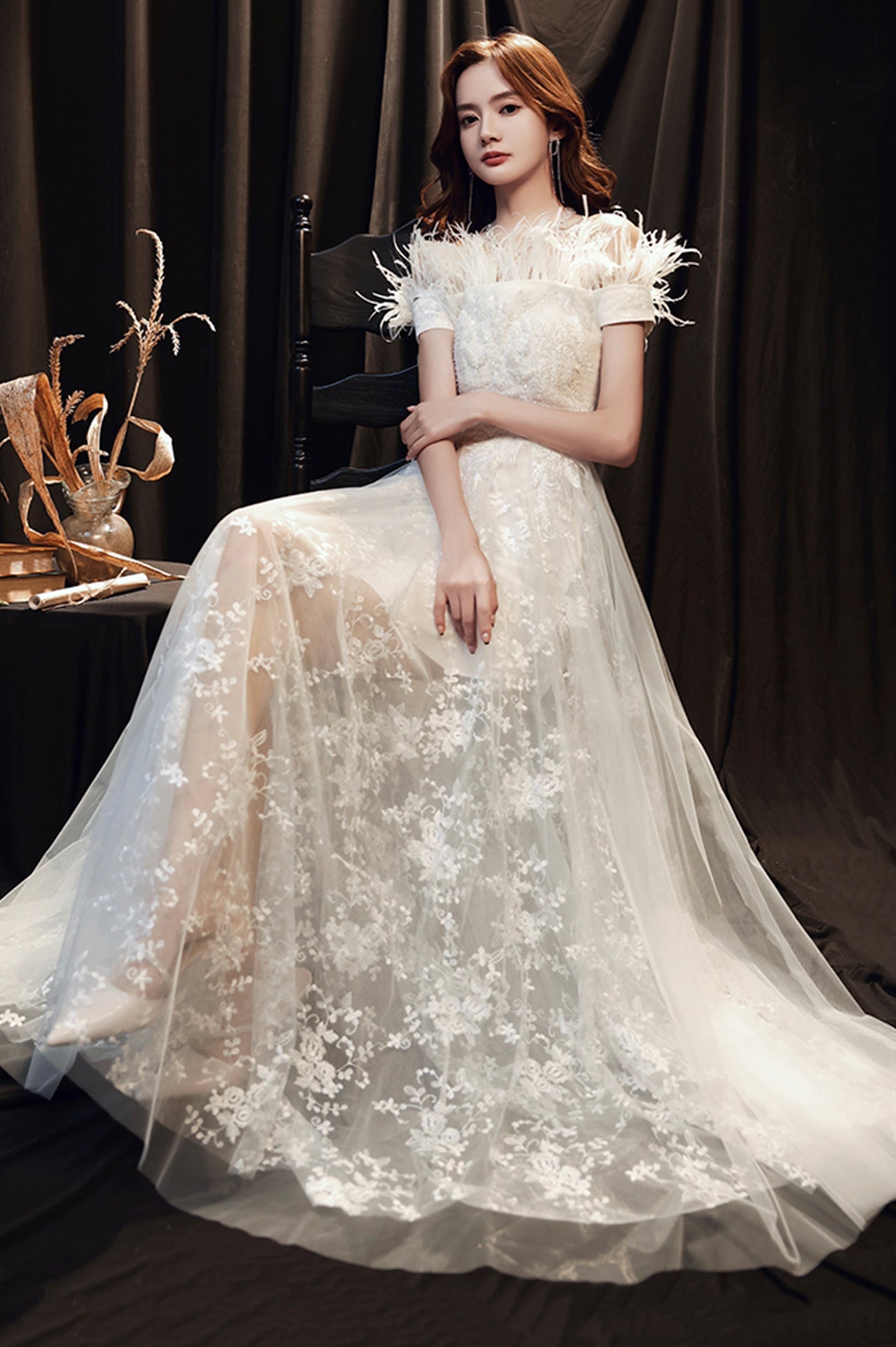 White Lace Long A-Line Prom Dress with Feather, Off the Shoulder Evening Dress