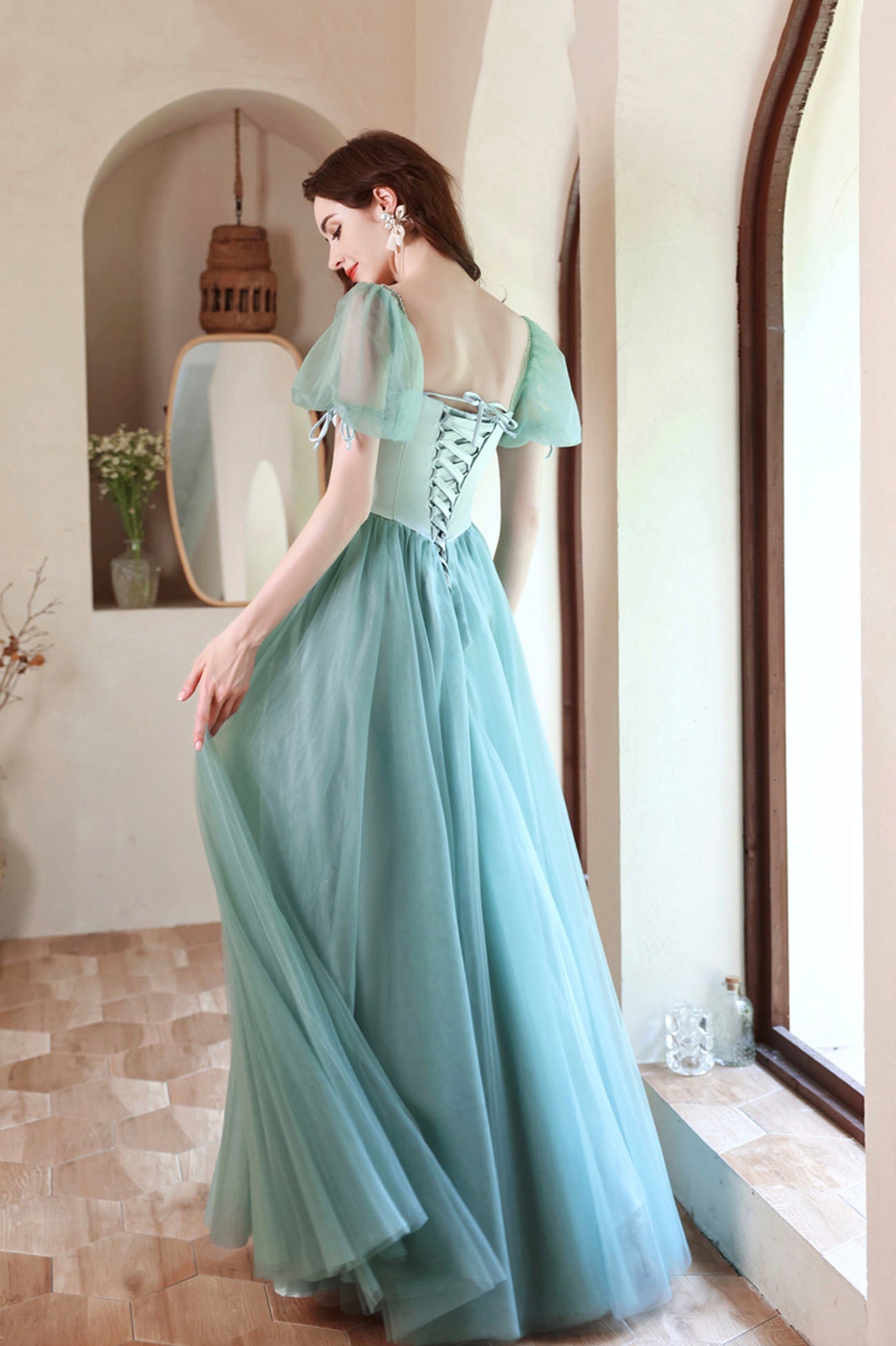 A-Line Satin Tulle Long Prom Dress, Green Short Sleeve Evening Party Dress