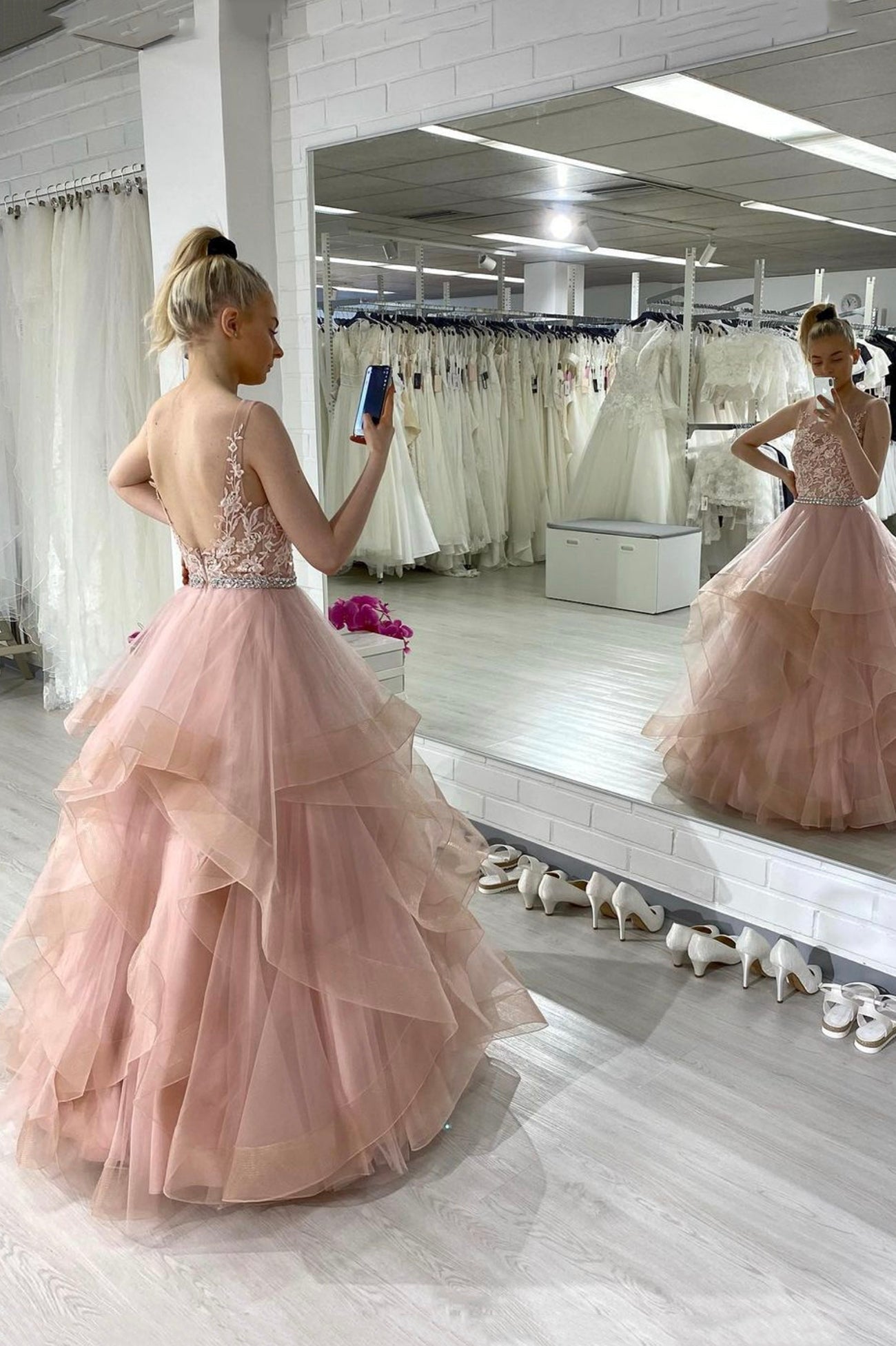 Pink Lace Long A-Line Prom Dress, Pink Scoop Neckline Evening Party Dress