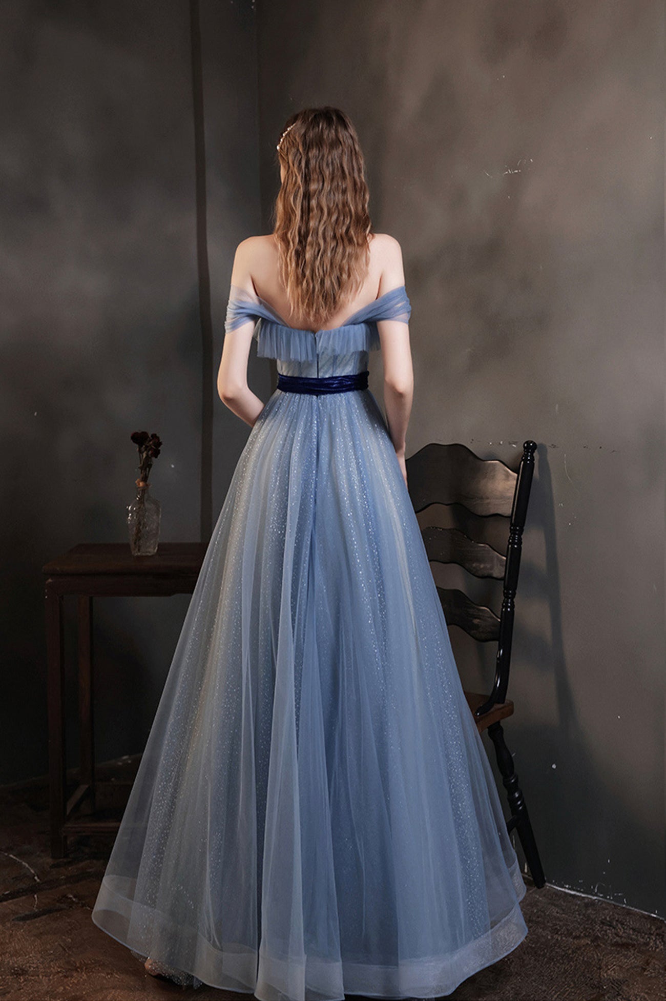Blue Tulle Long A-Line Prom Dress, Cute Off the Shoulder Evening Graduation Dress