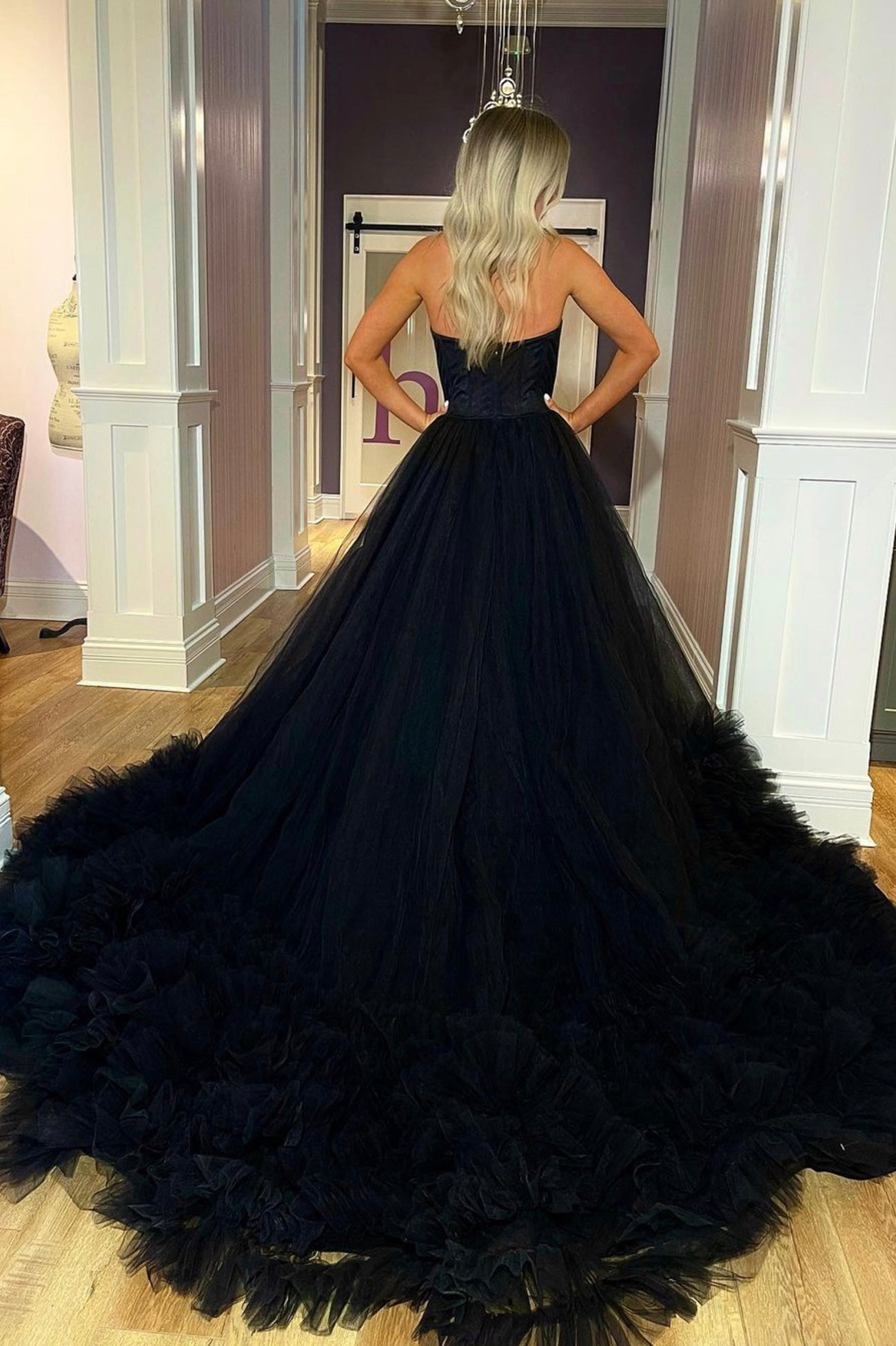 Black Tulle Long Prom Dress, Black A-Line Strapless Evening Dress