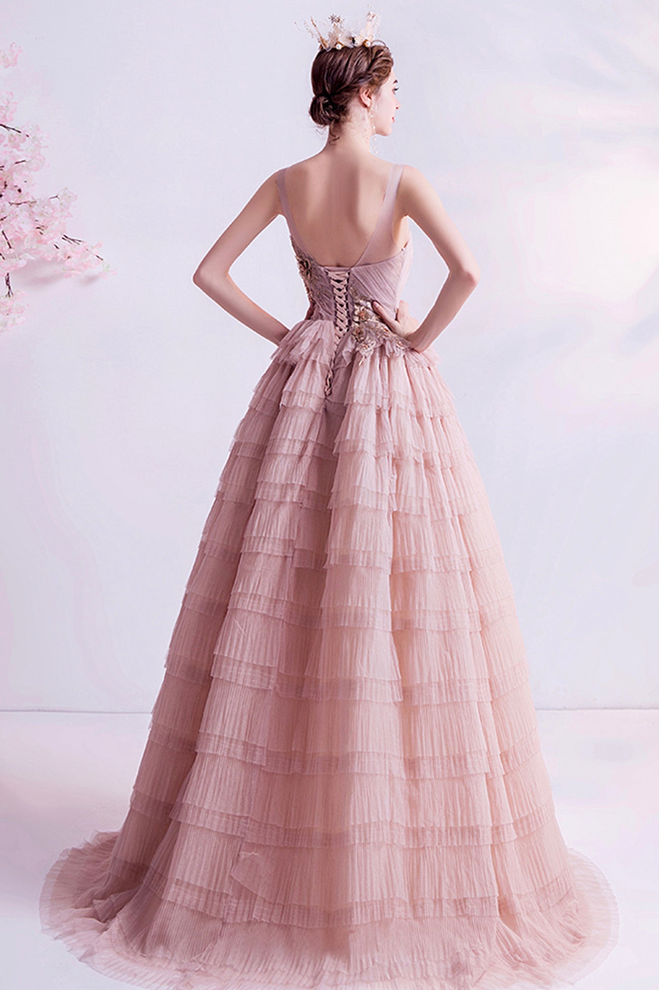 Pink Tulle Long A-Line Prom Dress, Pink Scoop Neckline Formal Evening Dress