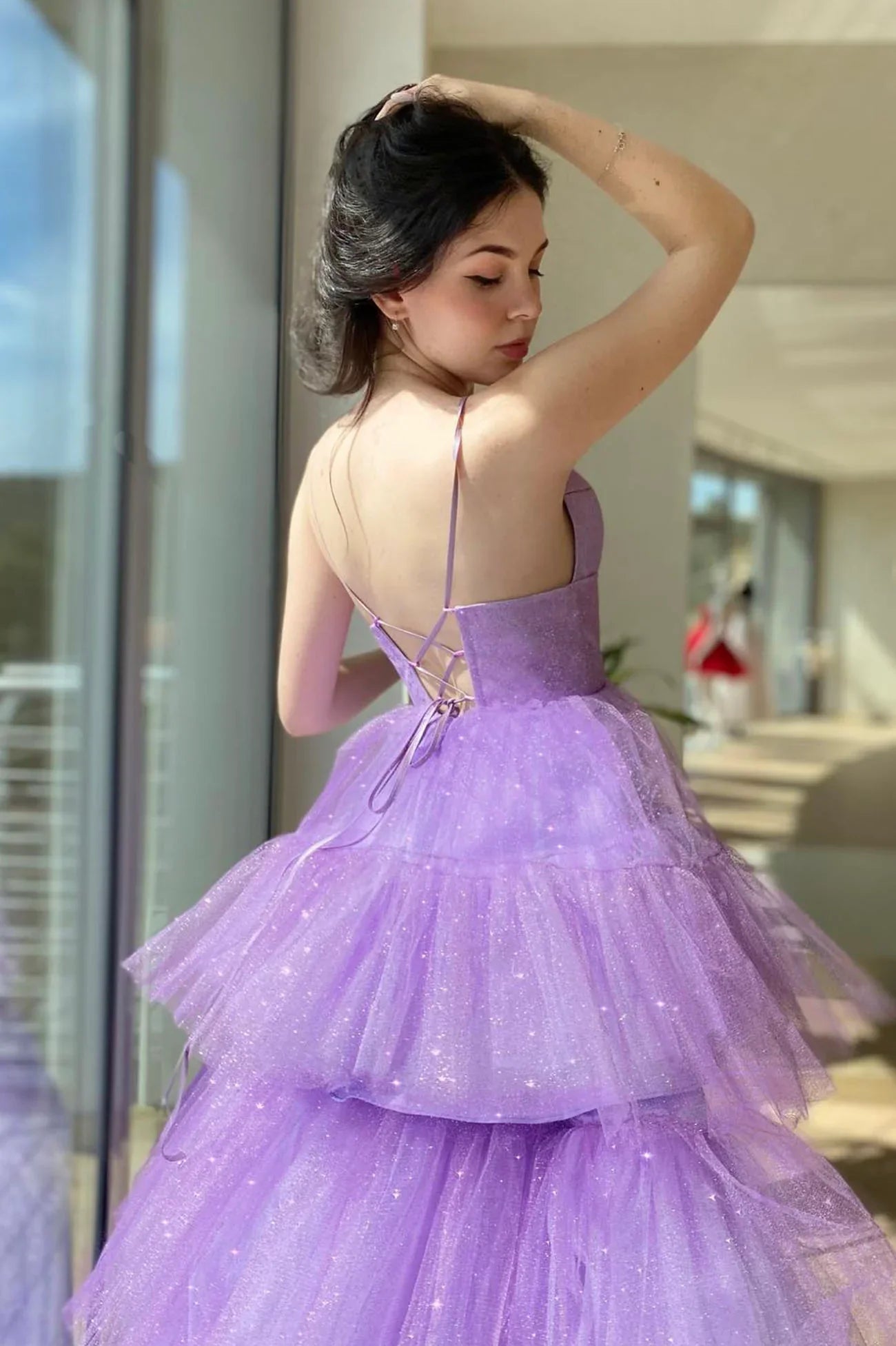 PM464, V Neck Purple High Low Prom Dresses, Purple High Low Formal Homecoming Dresses