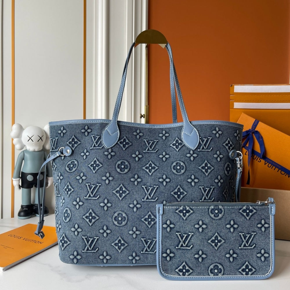 LOUIS VUITTON NEVERFULL MM BAG MONOGRAM DENIM BLUE 32CM