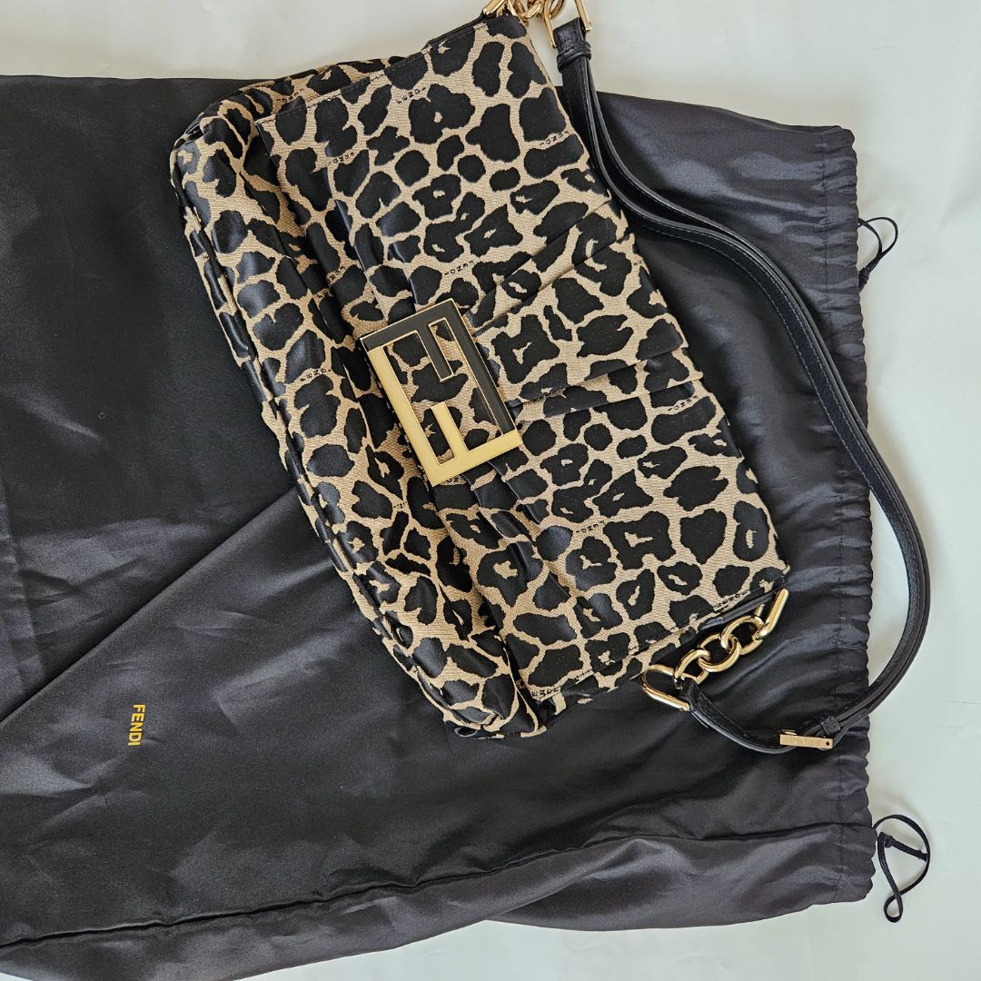 Fendi Black Canvas Animal Print Jacquard New Forever Flap Shoulder Bag