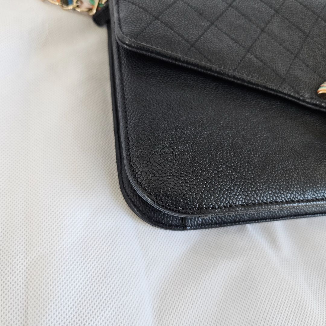 Chanel black quilted leather thread around wallet on chain