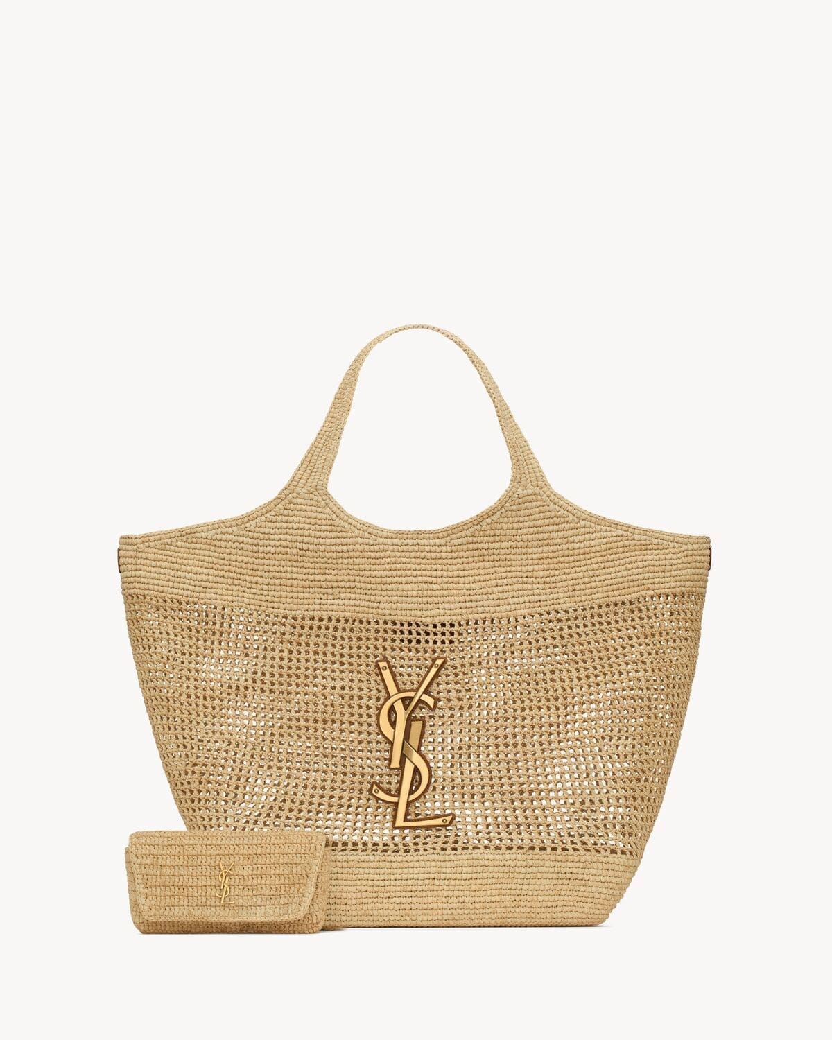 SAINT LAURENT ICARE IN RAFFIA NATUREL AND BROWN GOLD