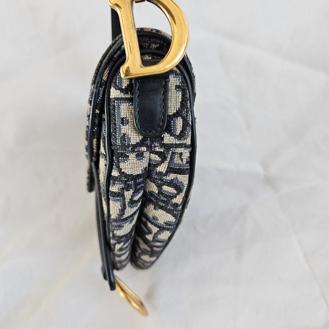 Dior Navy Blue Oblique Canvas and Leather Mini Saddle Bag