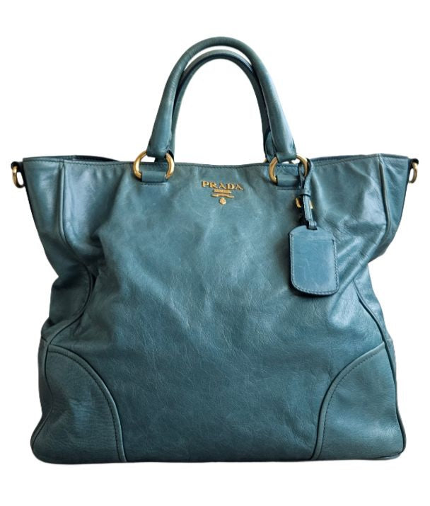 Prada Blue Convertible Vitello leather Tote Bag