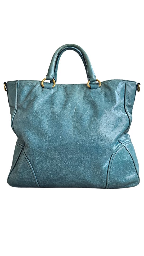 Prada Blue Convertible Vitello leather Tote Bag