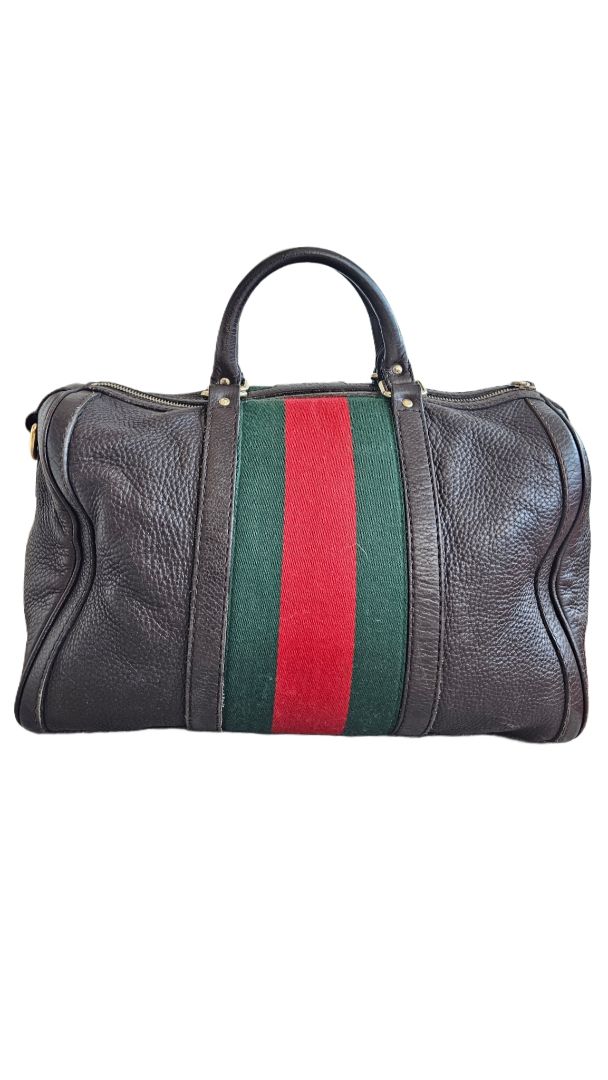 Gucci Brown Web Boston Leather Bag