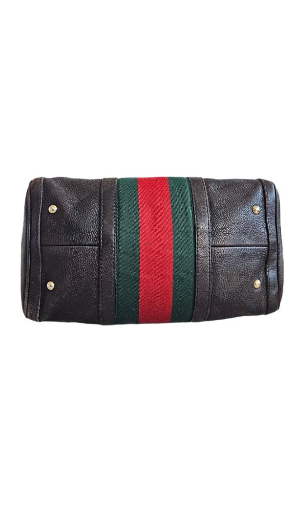Gucci Brown Web Boston Leather Bag