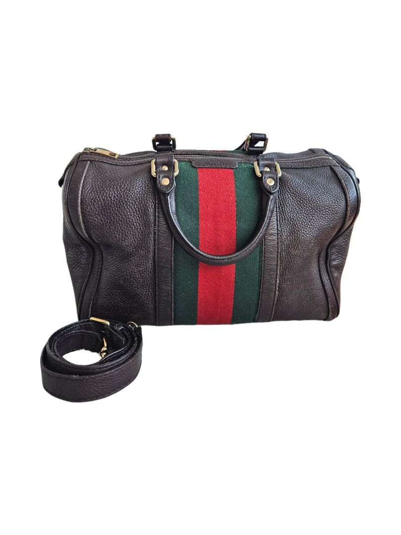 Gucci Brown Web Boston Leather Bag