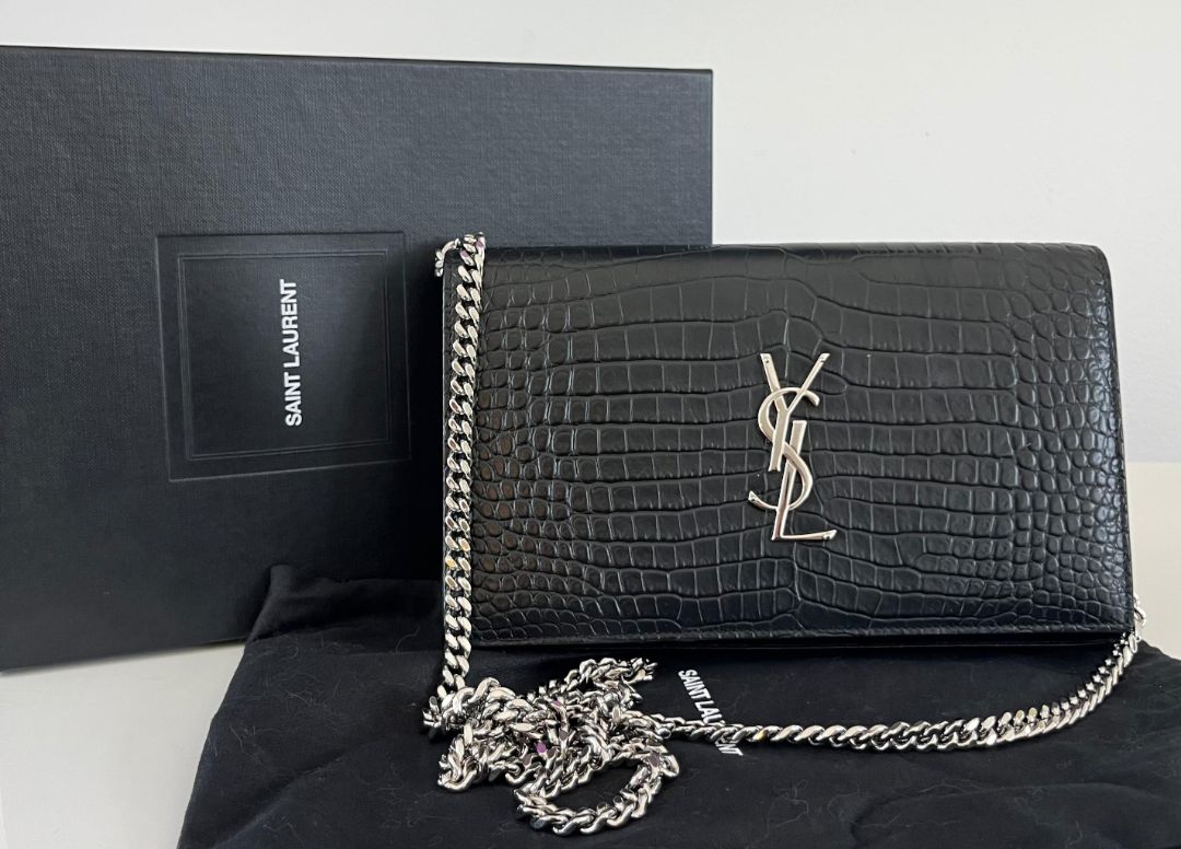 Saint Laurent Black Croc Embossed Kate Crossbody Bag
