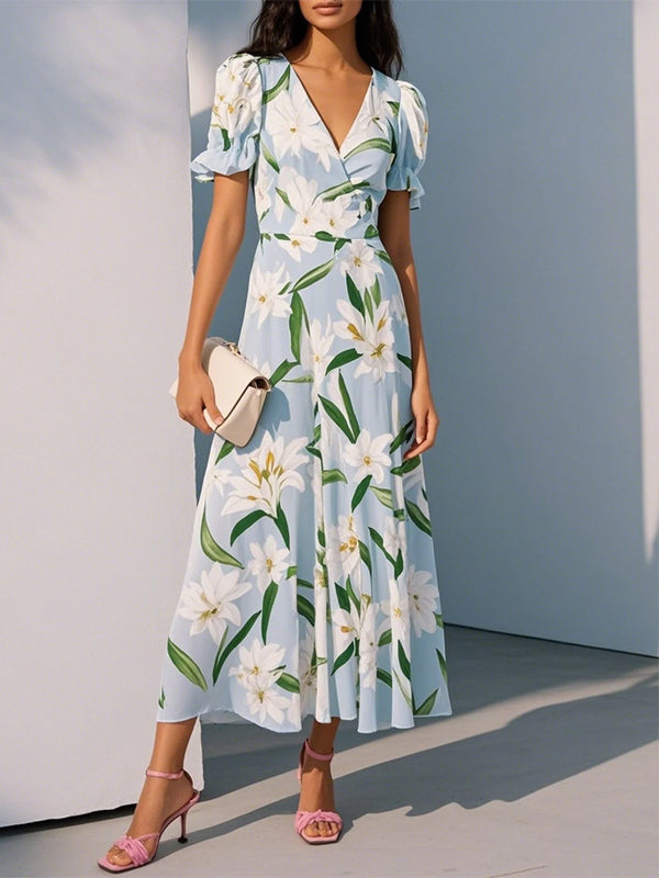 Light Blue Floral Chiffon V Neck Short Sleeve Ruffle Sleeve A-Line Midi Dress