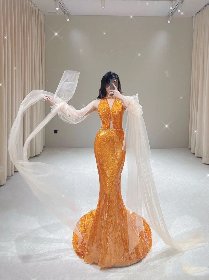Orange Gorgeous Shiny Elegant Long Sleeve Tulle Long Sequin Mermaid Slim Ball Gown Evening Dress Party Dress gh3386