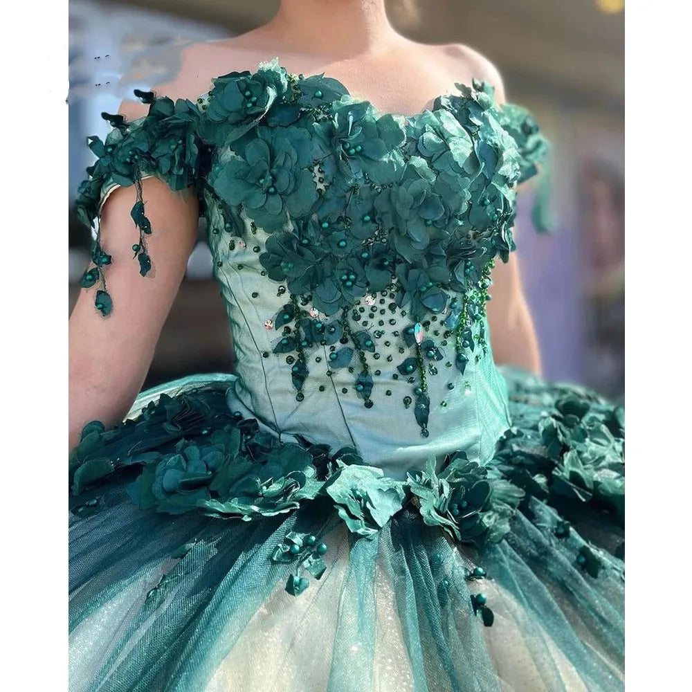 Green Quinceanera Dresses Off Shouder Beads Appliques Ball Gown Sweet 16 Dress fg5758