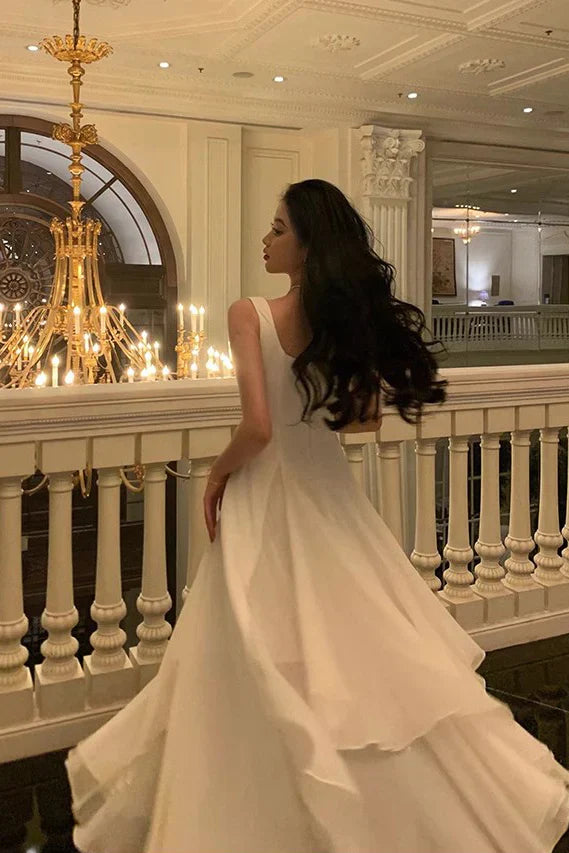 White solid color fashion elegant A-line square neck ball gown ankle length long chiffon evening gown party dress gh2737 gh2737