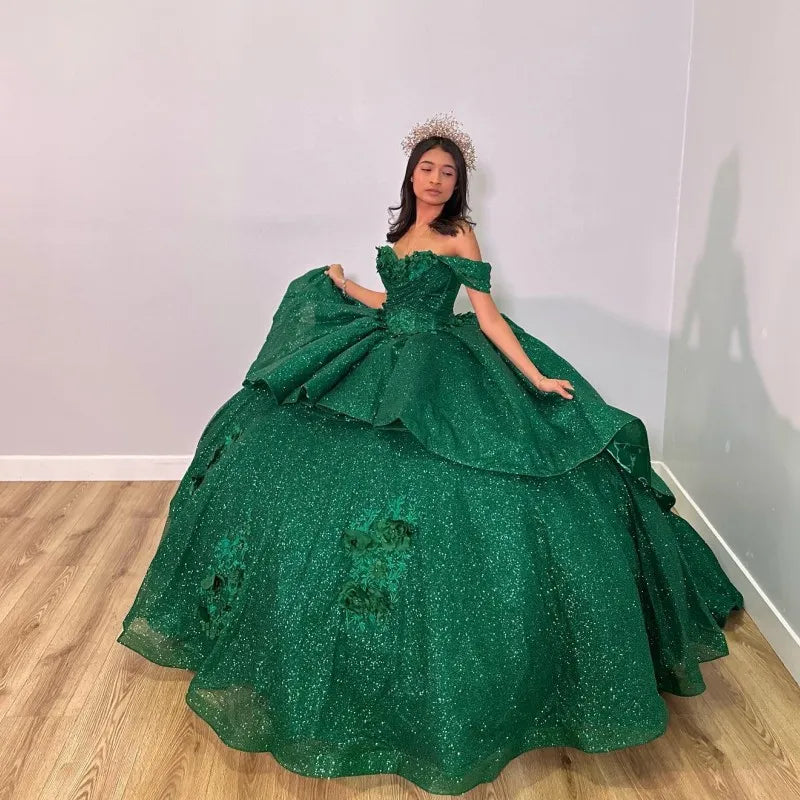Emerald Green Shiny Handmade 3D Flowers Beading Quinceanera Dresses Ball Gown Off The Shoulder Sweet 16 Dress fg5762