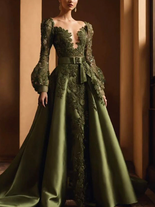 Lace Solid Color Long Sleeves Maxi Dress