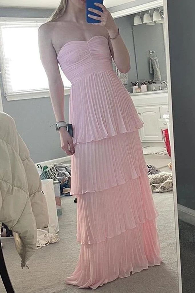 Cream Yellow/Light Pink/Green Fashion Elegant Strapless Long Chiffon Layered Ball Gown Evening Dress Wedding Bridesmaid Party Dress Prom Dress gh3657