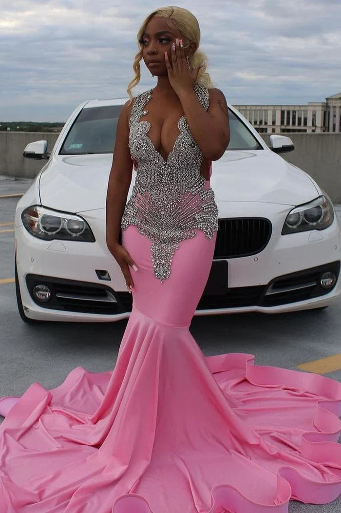 Pink gorgeous exquisite beaded elegant stunning mermaid long satin floor length train prom dress evening gown party dress gh2427