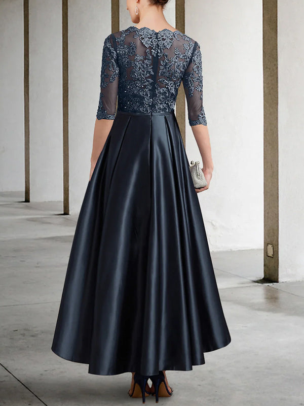 Round Neck Lace Solid Color Midi Dress