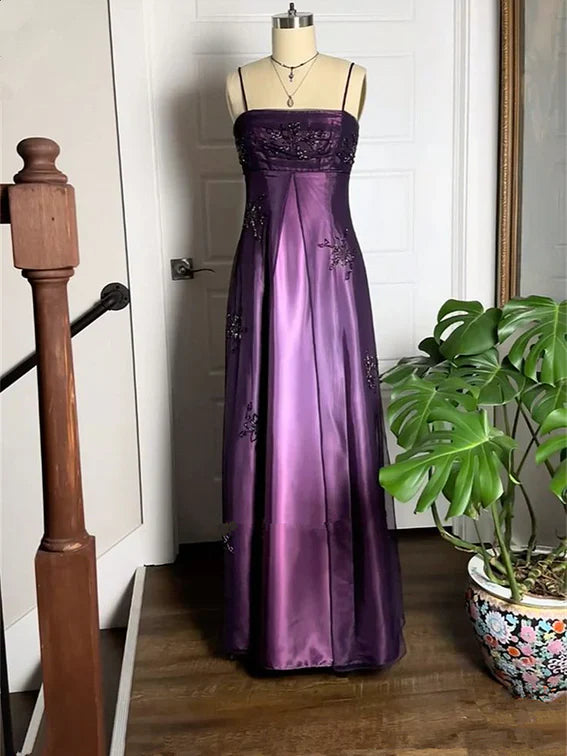 Purple Elegant Beautiful Exquisite Floral Beading Vintage A-Line Spaghetti Strap Long Satin Tulle Ball Gown Evening Dress Birthday Party Dress Prom Dress gh3909