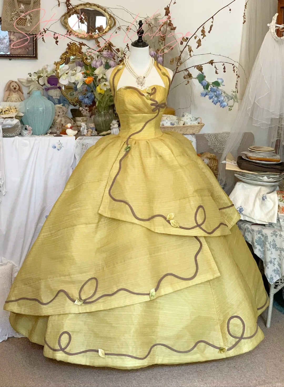 Yellow Floral Long Tulle Cake Dress Ball Gown Evening Gown Quinceanera Dresses Wedding Dress gh4581