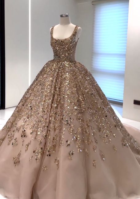 Nude pink gorgeous shiny gold sequins elegant long tulle sequin ball gown evening dress gh3197