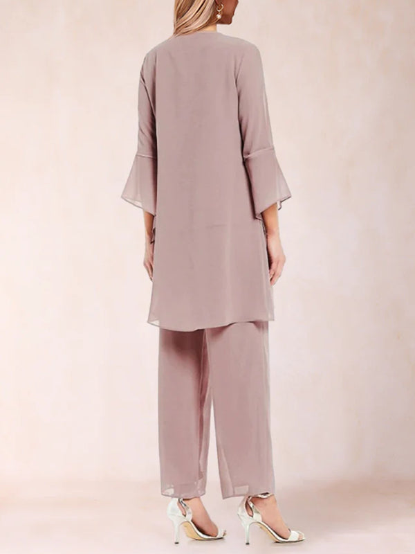 Chiffon Scoop Long Sleeves 3 Pieces Pantsuits with Applique & Jacket