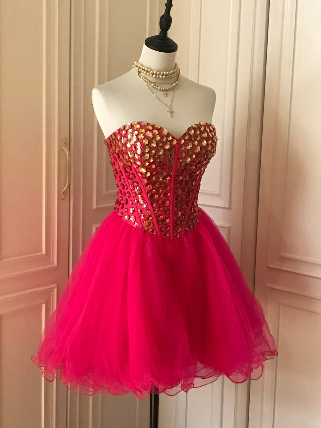 _¤ï_Pink retro noble princess short homecoming dress sequined tulle ball dress evening dress gh4392