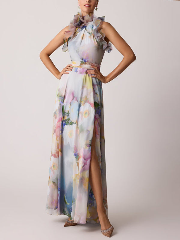 Chiffon Watercolor Organza Halter Gown