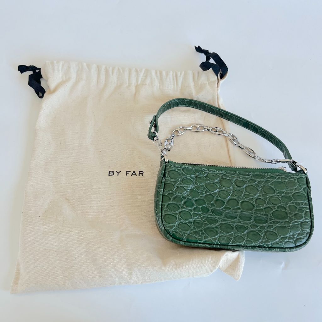By Far Green Crocodile Embossed Rachel mini hand bag