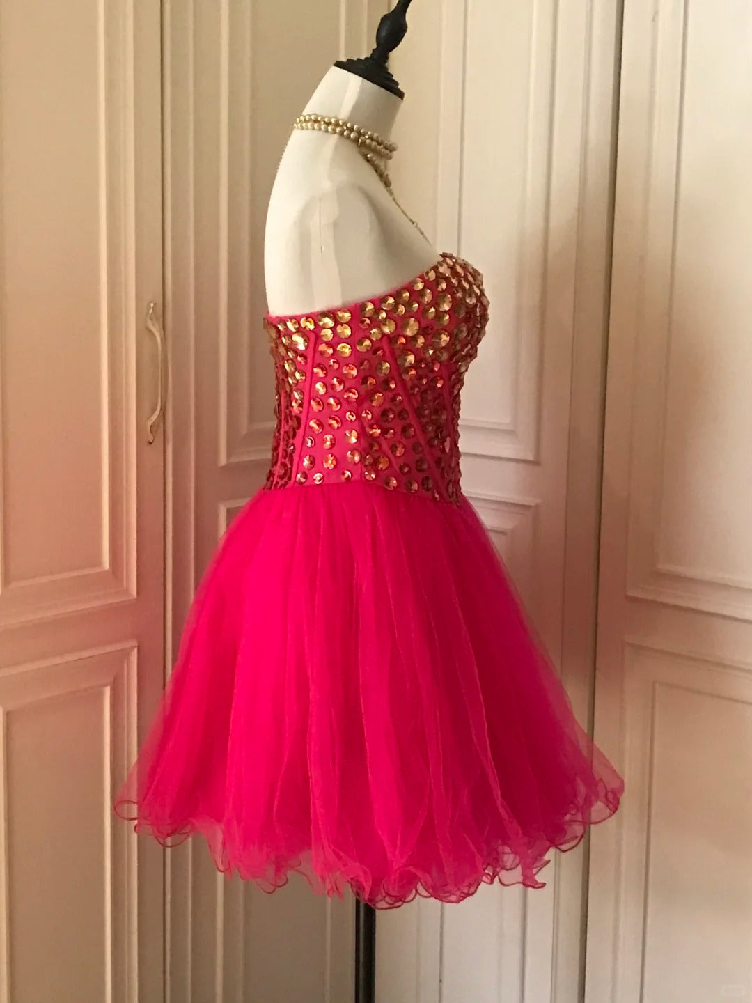 _¤ï_Pink retro noble princess short homecoming dress sequined tulle ball dress evening dress gh4392