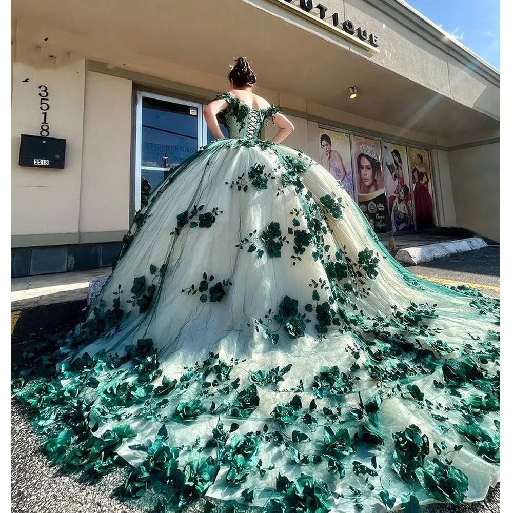 Green Quinceanera Dresses Off Shouder Beads Appliques Ball Gown Sweet 16 Dress fg5758