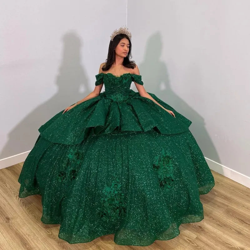 Emerald Green Shiny Handmade 3D Flowers Beading Quinceanera Dresses Ball Gown Off The Shoulder Sweet 16 Dress fg5762